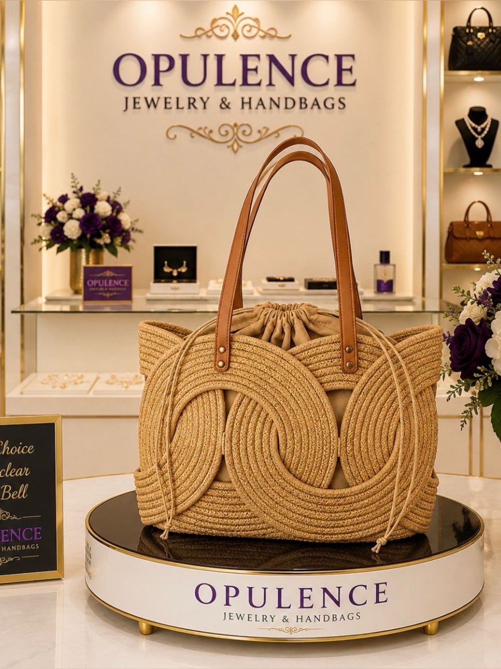Tan Woven Straw Tote Bag with  Handles